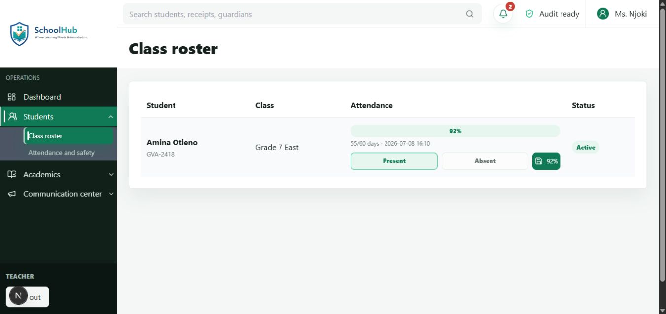 Teacher class roster screen with attendance present and absent selector