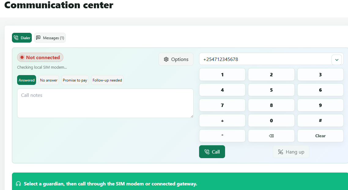 SchoolHub communication center showing dialer, message mode, and guardian contact tools